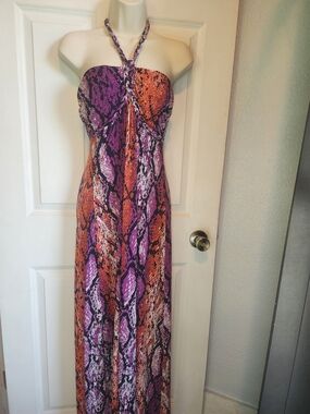 Roulette Purple and Orange Snake-Print Halter Maxi Dress